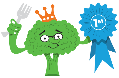 cartoon of broccoli holding a first prize ribbon